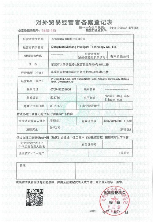 Registration form for foreign trade operators